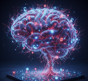 Ilustrasi jaringan saraf otak dengan percabangan menyerupai akar tanaman, menggambarkan konsep hook brain root dalam sistem neurobiologi.