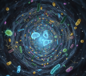 Ilustrasi proses pencernaan yang menampilkan interaksi enzim, mikroorganisme, dan molekul nutrien dalam sistem pencernaan.