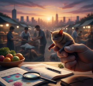 Ilustrasi interaksi manusia dan hewan yang menggambarkan penularan penyakit zoonosis melalui jalur kontak dan lingkungan.