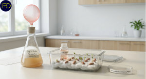 ragi untuk fermentasi dengan balon di atasnya, dan wadah transparan berisi kecambah kacang merah di atas kapas lembap dengan indikator BTB di sampingnya