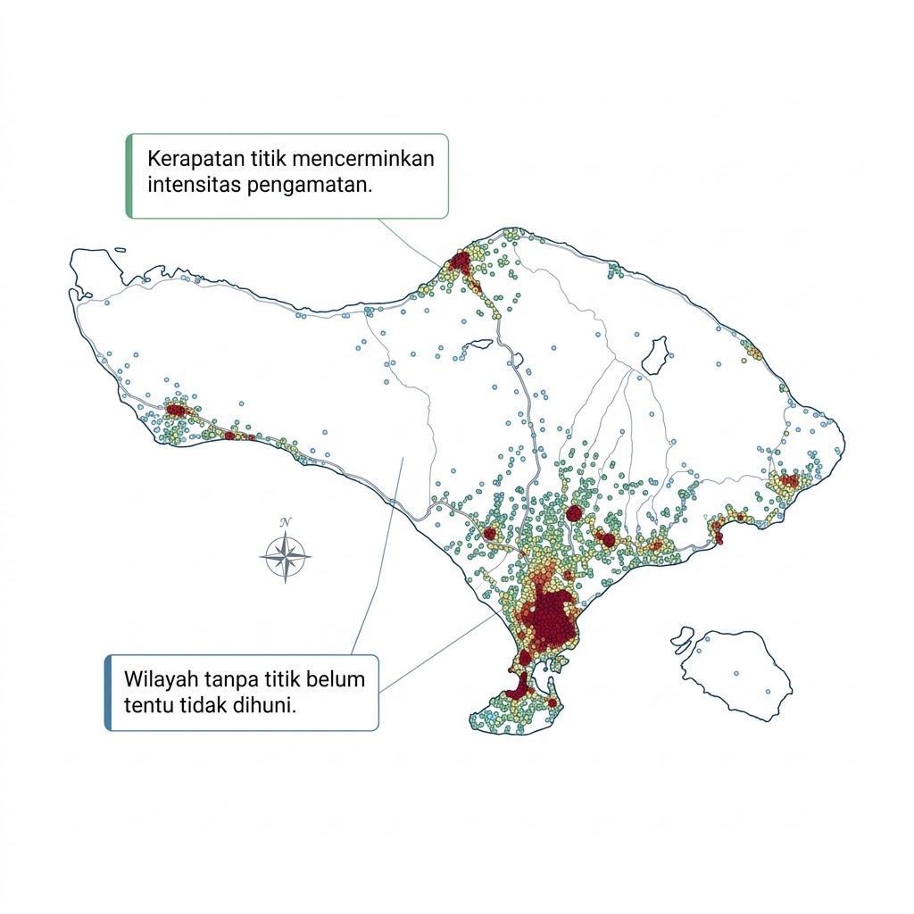 Visualisasi 6. Ilustrasi bias spasial pada data perjumpaan