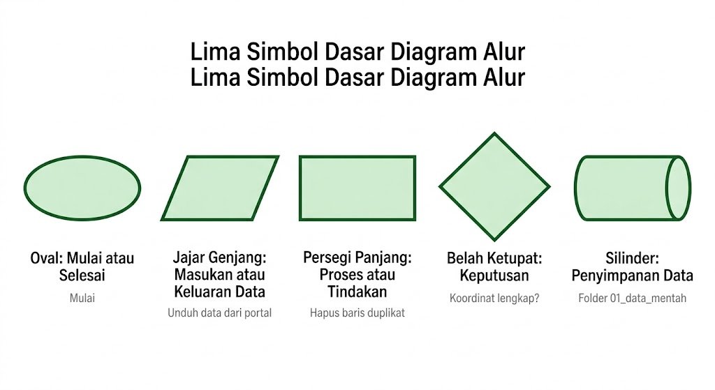 Visualisasi 4. Lima simbol dasar diagram alur beserta contoh penggunaannya.