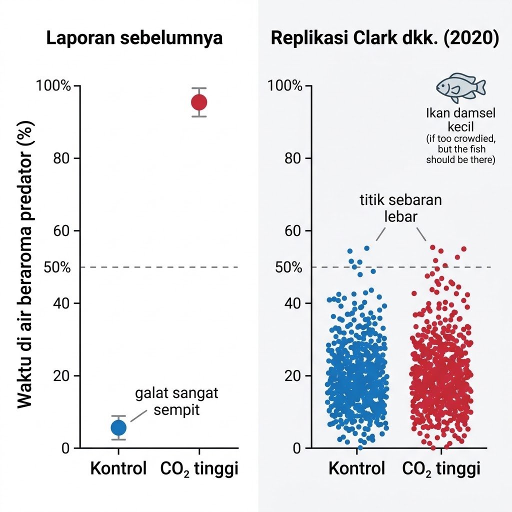 Ilustrasi skematis perbedaan temuan lama dan hasil replikasi (bukan data asli; mengacu pada Clark dkk., 2020)